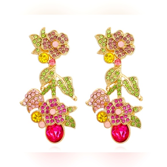 Source Unknown Jewelry - Leaf & Flower Stud Dangle Earrings Shiny Mixed Color Crystal